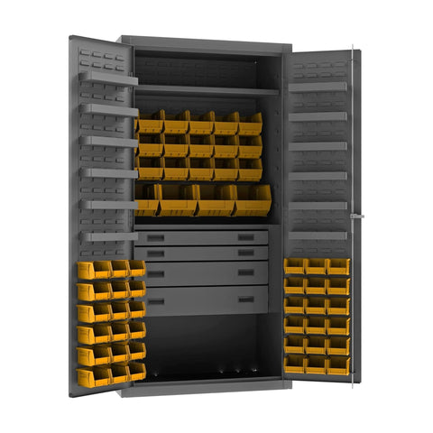 Oakestry Heavy Duty Cabinet 14 Gauge 1 Fixed Shelf 1 Adjustable Shelf 58 Bins Flush Doors with Louvered Panel 4 Drawers 12 Door Shelves Lockable Chrome Handle with Keys (Grey, Yellow)