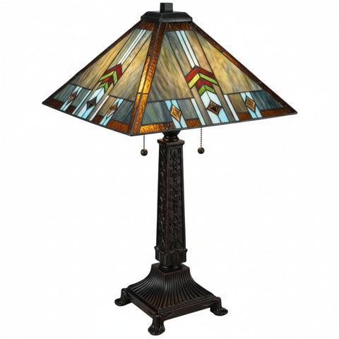 Oakestry 26.5" Prairie Wheat Sunshower Mission Table Lamp, Geometric Stained Glass Shade, Mahogany Bronze Base, Dual E26 Decorative Vintage Accent Lamp