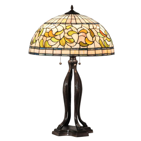Oakestry 30" Tiffany Turning Leaf Table Lamp, Autumn Gold and Green Stained Glass Shade, Mahogany Bronze Base, 3-Light E26 Decorative Accent Lamp