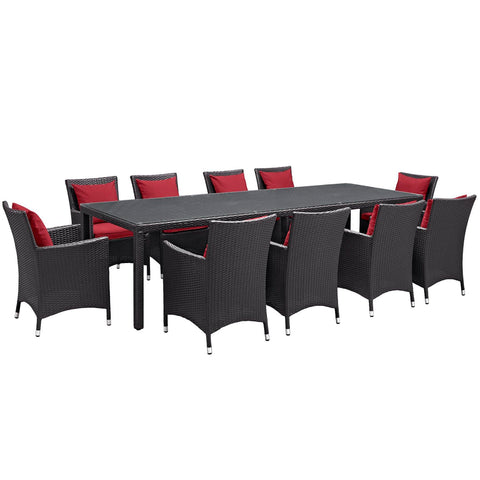 Oakestry Convene 11 Piece Outdoor Patio Dining Set with Red Cushions and Wicker Armchairs