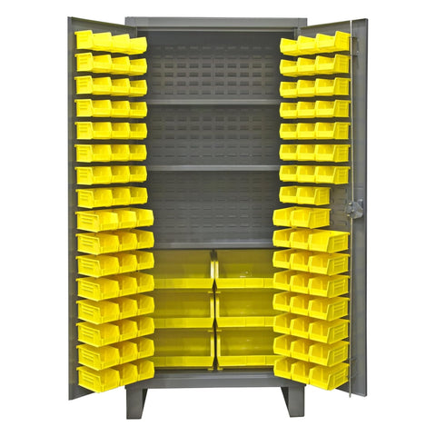 Oakestry Extra Heavy Duty Cabinet 12 Gauge 36 x 24 x 78 3 Adjustable Shelves 102 Yellow Bins Recessed Door with Louvered Panel Cast Iron Pad-Lockable Handle Gray