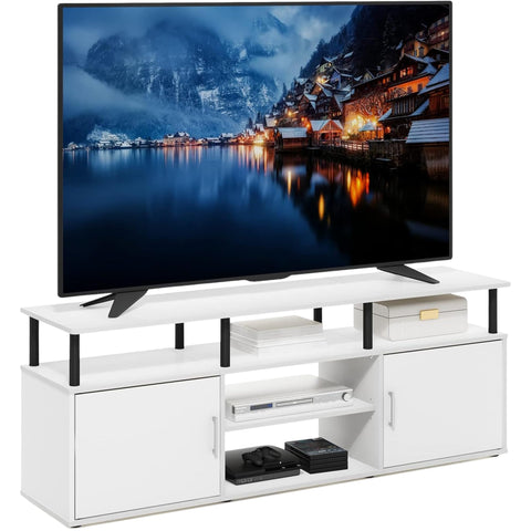 Oakestry TV Stand with Storage for TVs up to 70 Inch, Solid White & Black Finish, Entertainment Center with Cabinets and Adjustable Shelves