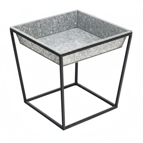 Oakestry Arne Short Plant Stand with Galvanized Tray, 15" Square Wrought Iron Stand Table, Scandinavian Style Indoor Outdoor Planter Stand