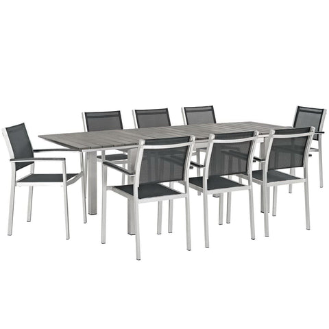 Oakestry Shore 9 Piece Outdoor Patio Aluminum Dining Set with Extendable Table and Black Mesh Armchairs