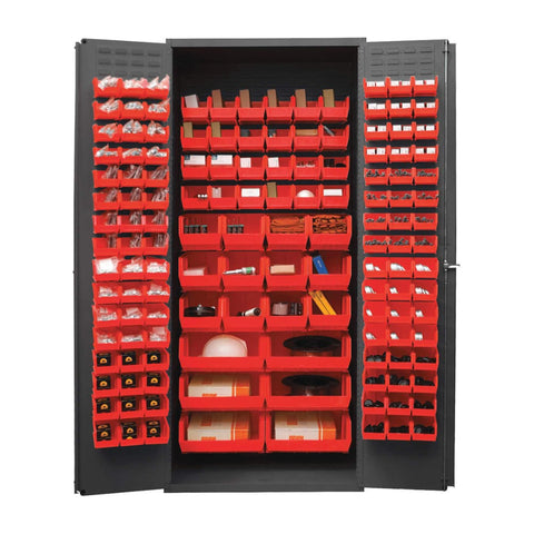 Oakestry Heavy Duty 14-Gauge Steel Storage Cabinet with 138 Bins, Flush Louvered Doors, Lockable Chrome Handle with Keys (Grey, Red)