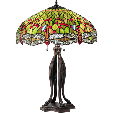 Oakestry 30" Tiffany Dragonfly Table Lamp, Red Green Orange Stained Glass with Blue Jewel Accents, Mahogany Bronze Base, Vintage Lighting