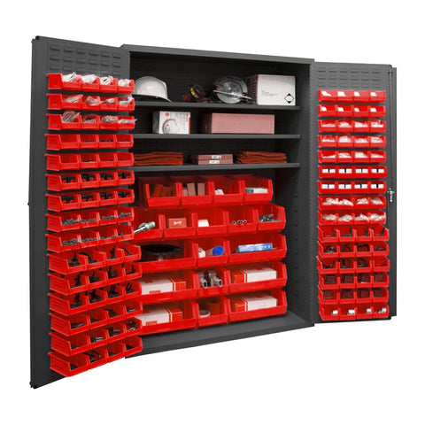 Oakestry Cabinet 16 Gauge 48 x 24 x 72 3 Adjustable Shelves 138 Red Bins Flush Doors with Louvered Panel Lockable Chrome Handle with Keys Gray