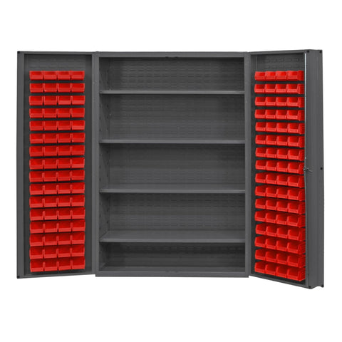 Oakestry Heavy Duty Cabinet 14 Gauge 48 x 24 x 72 4 Adjustable Shelves 128 Red Bins 4 Inch Deep Box Doors with Louvered Panel Lockable Chrome Handle with Keys Gray