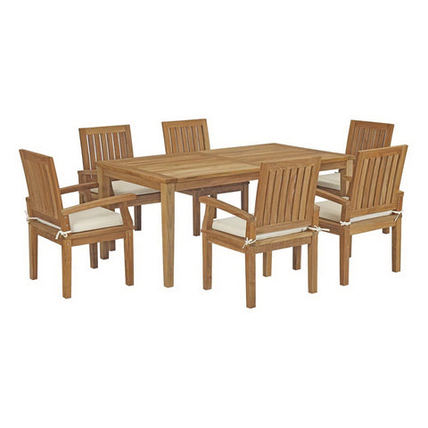 Oakestry Marina 7 Piece Outdoor Patio Teak Dining Set with White Cushions
