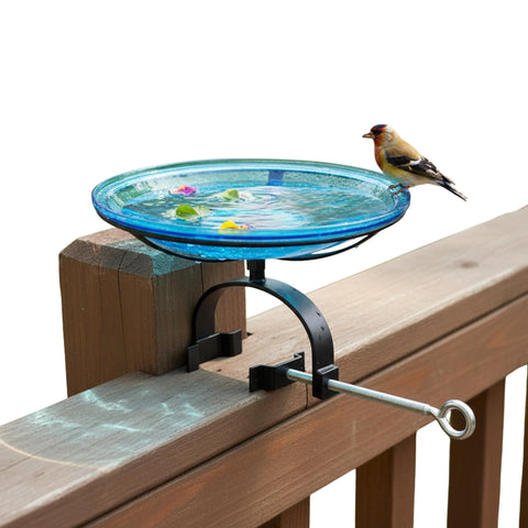 Oakestry 14" Crackle Glass Birdbath with Over Railing Bracket, Clamp-On Balcony Bird Bath, Decorative Blown Glass Bowl for Deck, Patio & Garden