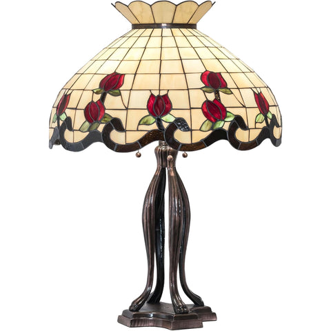 Oakestry 32" Roseborder Tiffany Style Table Lamp, Beige Stained Glass Shade with Red Rosebuds, Mahogany Bronze Base, 3-Light E26 Decorative Accent Lamp