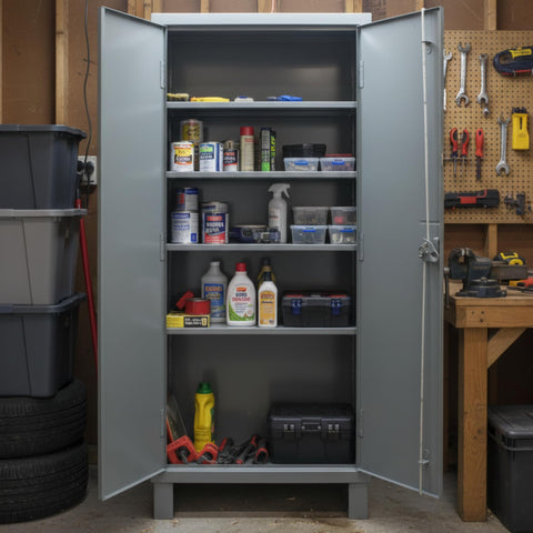 Oakestry Steel Cabinet 36 x 18 x 78 in 14 Gauge 4 Adjustable Shelves Recessed Doors Pad Lock Handle Gray Storage Cabinet
