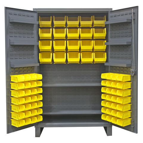 Oakestry Extra Heavy Duty 12-Gauge Steel Storage Cabinet with 2 Adjustable Shelves, 84 Bins & 6 Door Shelves, Recessed Locking Louvered Doors, Padlockable Handle (Grey, Yellow)