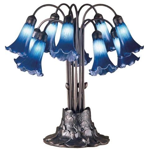 Oakestry 22" Blue Pond Lily Tiffany Style Table Lamp, 10-Light Indigo Glass Shade, Mahogany Bronze Base, E12 Decorative Vintage Accent Lamp