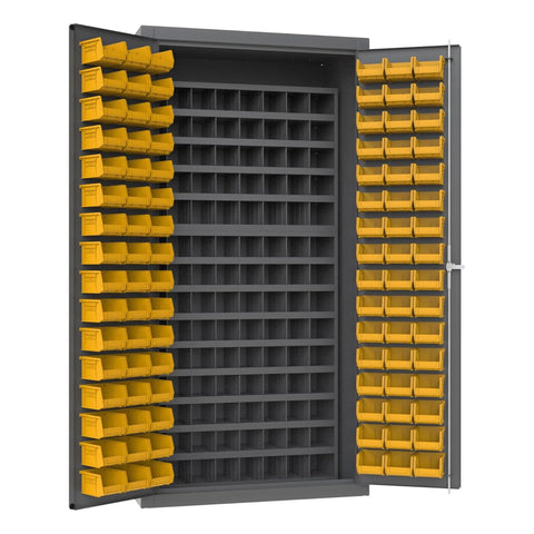 Oakestry Heavy Duty Cabinet 14 Gauge 36 x 24 x 72 96 Yellow Bins 112 Steel Bins Flush Doors with Louvered Panel Lockable Chrome Handle with Keys Gray