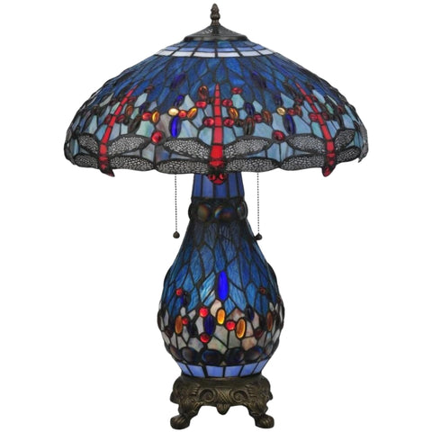 Oakestry 25" Tiffany Dragonfly Table Lamp, Blue Green Stained Glass with Scarlet Jewel Accents, Mahogany Bronze Base, Vintage Lighting