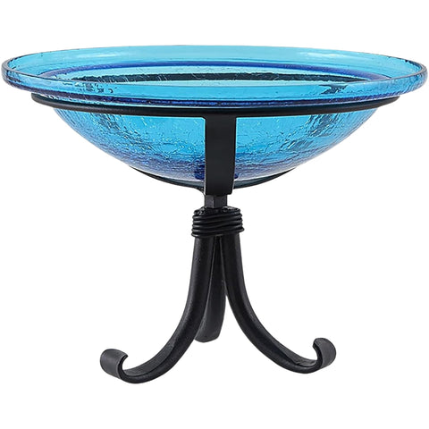 Oakestry 12" Teal Blue Crackle Glass Birdbath with Wrought Iron Tripod Stand, Decorative Outdoor Bird Bath for Garden, Patio, Deck, Small Spaces