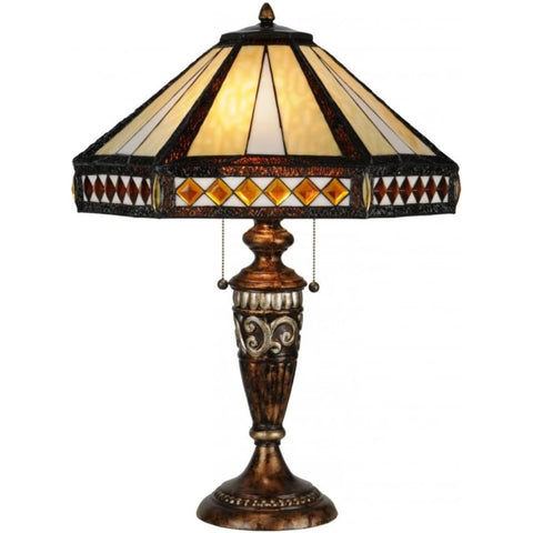 Oakestry 27" Diamond Band Mission Table Lamp, Geometric Stained Glass Shade, Aged Bronze Base with Silver Accents, Dual E26 Vintage Craftsman Accent Lamp