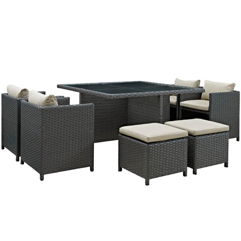 Oakestry Sojourn 9 Piece Outdoor Patio Sunbrella® Dining Set with Wicker Seating and Aluminum Frame