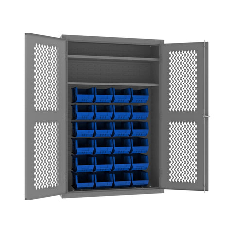 Oakestry Heavy Duty Cabinet 14 Gauge 48 x 18 x 72 2 Adjustable Shelves 24 Blue Bins Flush Ventilated Doors Lockable Chrome Handle with Keys Gray