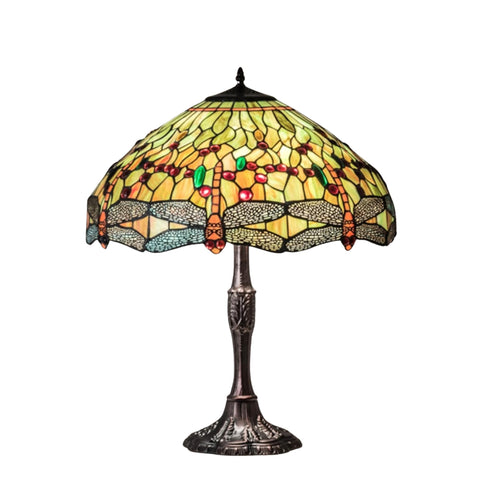 Oakestry 26" Tiffany Hanginghead Dragonfly Table Lamp, Sunburst Sky with Red, Green & Amber Glass Jewels, Mahogany Bronze Base