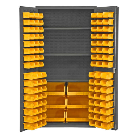 Oakestry Heavy Duty Cabinet 14 Gauge 36 x 24 x 72 3 Adjustable Shelves 102 Yellow Bins Flush Doors with Louvered Panel Lockable Chrome Handle with Keys Gray