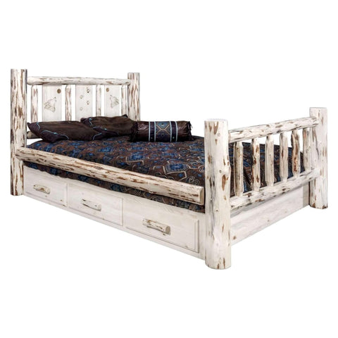Montana Collection Full Storage Bed w/ Laser Engraved Wolf Design, Clear Lacquer Finish