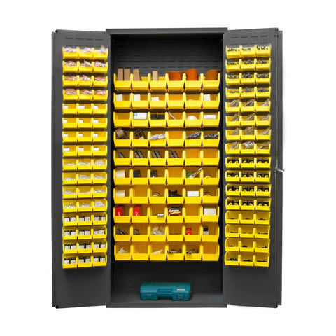 Oakestry Heavy Duty Cabinet 14 Gauge 36 x 18 x 84 156 Yellow Bins Flush Doors with Louvered Panel Lockable Chrome Handle with Keys Gray