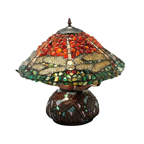Oakestry 16.5" Dragonfly Tiffany Style Table Lamp, Stained Glass Agate Shade, Mahogany Bronze Base, Dual E26 Bulbs, Decorative Vintage Accent Lamp