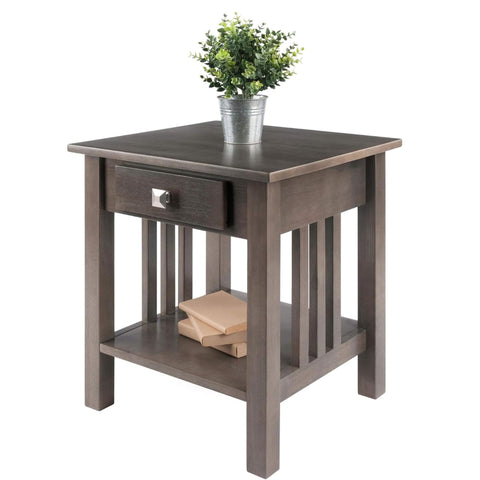 Oakestry Stafford Solid Wood End Table with Drawer and Shelf, Classic Side Table for Living Room or Bedroom, Oyster Gray Finish