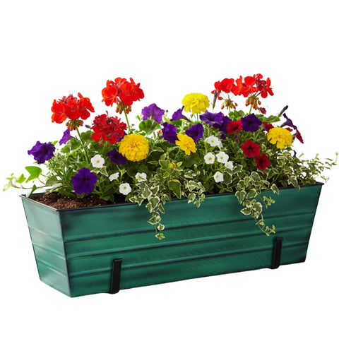 Oakestry Large Green Flower Box with Wall Brackets, 35.25" Galvanized Steel Planter & Wrought Iron Mount Kit for Patio Balcony Garden