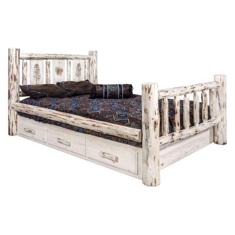 Montana Collection Full Storage Bed w/ Laser Engraved Pine Design, Clear Lacquer Finish