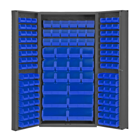 Oakestry Heavy Duty Cabinet 14 Gauge 36 x 24 x 72 132 Blue Bins 4 Inch Deep Box Doors with Louvered Panel Lockable Chrome Handle with Keys Gray