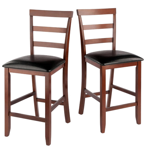 Oakestry Simone 2-Pc Ladder-Back Counter Stool Set, Black Faux Leather Cushion & Walnut Solid Wood Frame, 25" H Seat with Footrest