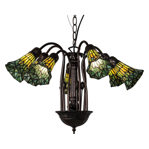 Oakestry 24 Inch Tiffany Pond Lily 7 Light Chandelier Handcrafted Stained Glass Ceiling Light Floral Vintage Hanging Fixture Classic Decorative Lamp for Dining Room Living Space