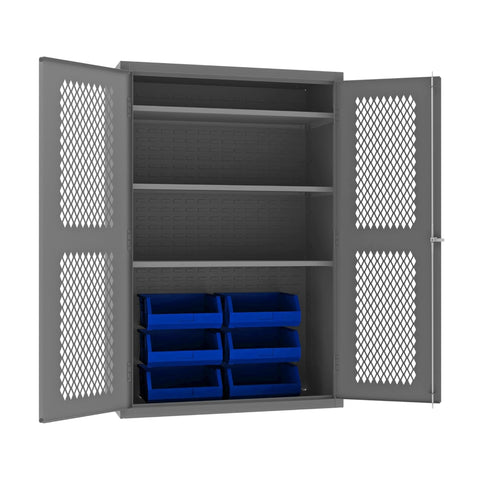 Oakestry Heavy Duty Cabinet 14 Gauge 48 x 24 x 72 3 Adjustable Shelves 6 Blue Bins Flush Ventilated Doors Lockable Chrome Handle with Keys Gray