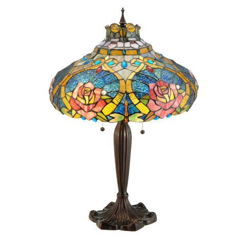 Oakestry 26" Dragonfly Rose Tiffany Style Table Lamp, Stained Glass Floral Shade, Mahogany Bronze Base, 3-Light E26 Decorative Vintage Accent Lamp