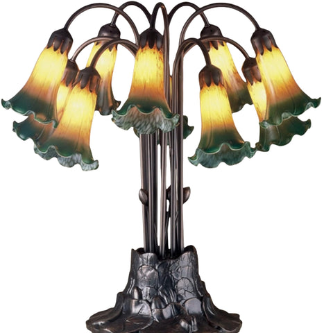 Oakestry 24" Tiffany Pond Lily Table Lamp, 10-Light Amber Green Stained Glass Shades, Mahogany Bronze Base, Vintage Floral Lighting