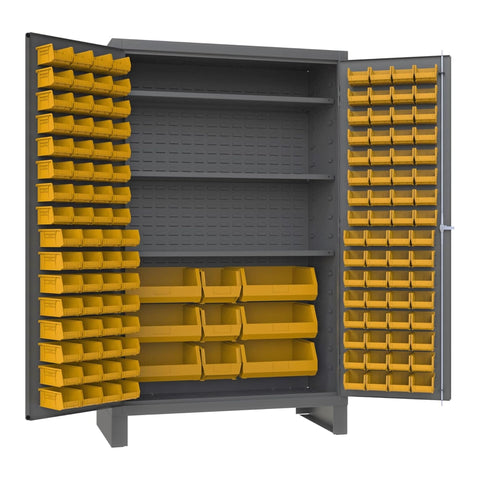 Oakestry Heavy Duty Cabinet 14 Gauge 48 x 24 x 78 3 Adjustable Shelves 137 Yellow Bins Flush Doors Lockable Chrome Handle with Keys Gray