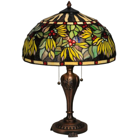 Oakestry 23" Diente de Leon Tiffany Style Table Lamp, Dandelion Stained Glass Shade, Mahogany Bronze Base, Dual E26 Decorative Vintage Accent Lamp