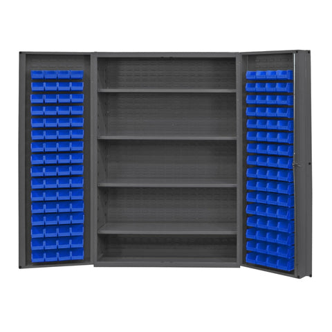 Oakestry Heavy Duty Cabinet 14 Gauge 48 x 24 x 72 4 Adjustable Shelves 128 Blue Bins 4 Inch Deep Box Doors with Louvered Panel Lockable Chrome Handle with Keys Gray