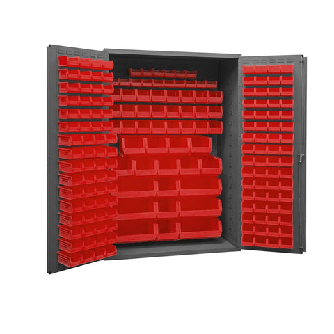 Oakestry Cabinet 16 Gauge 48 x 24 x 72 186 Red Bins Flush Doors with Louvered Panel Lockable Chrome Handle with Keys Gray