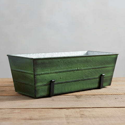 Oakestry Medium Green Flower Box with Clamp-On Brackets, 24" Galvanized Steel Planter & Adjustable Wrought Iron Mount for Balcony Deck Railing