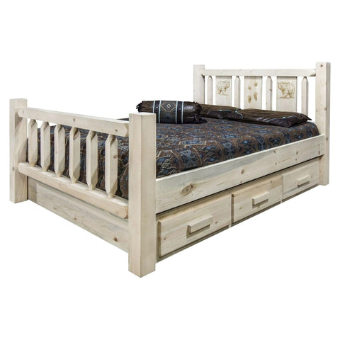 Homestead Collection Full Storage Bed w/ Laser Engraved Bear Design, Clear Lacquer Finish