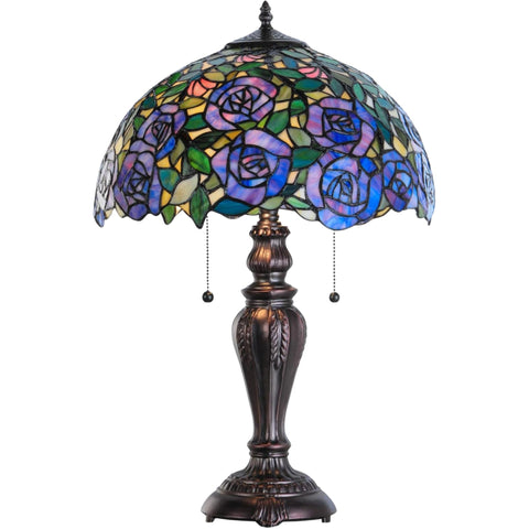 Oakestry 24" Rose Garden Table Lamp, Tiffany Style Blue Pink Stained Glass with Green Accents, Mahogany Bronze Base, Floral Lighting