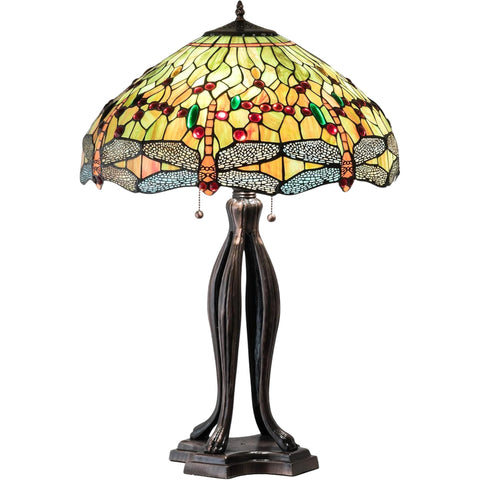 Oakestry 31" Tiffany Hanginghead Dragonfly Table Lamp, Amber & Pond Green Stained Glass with Mahogany Bronze Base