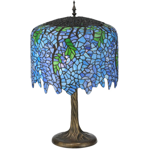 Oakestry 28" Tiffany Wisteria Table Lamp, Blue Lavender Stained Glass with Green Accents, Mahogany Bronze Tree Base, Vintage Lighting