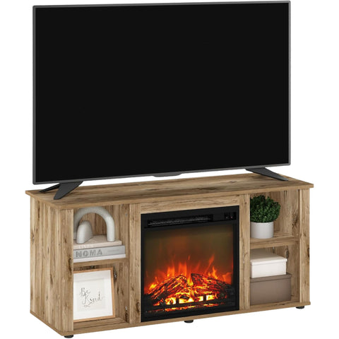 Oakestry TV Stand with Electric Fireplace for TVs up to 55 Inch, Flagstaff Oak Finish, Entertainment Center with Adjustable Shelves