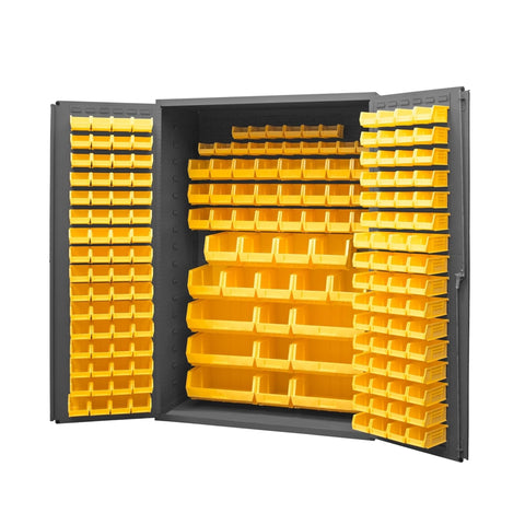 Oakestry Cabinet 16 Gauge 48 x 24 x 72 186 Yellow Bins Flush Doors with Louvered Panel Lockable Chrome Handle with Keys Gray