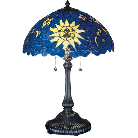 Oakestry 16 Sun Moon Stars in The Sky SHADE23 Ribbed Base 2LT PC Tiffany Style Lighting Fixture Stained Glass Decorative Indoor Lamp Vintage Classic Home Lighting Living Room Bedro